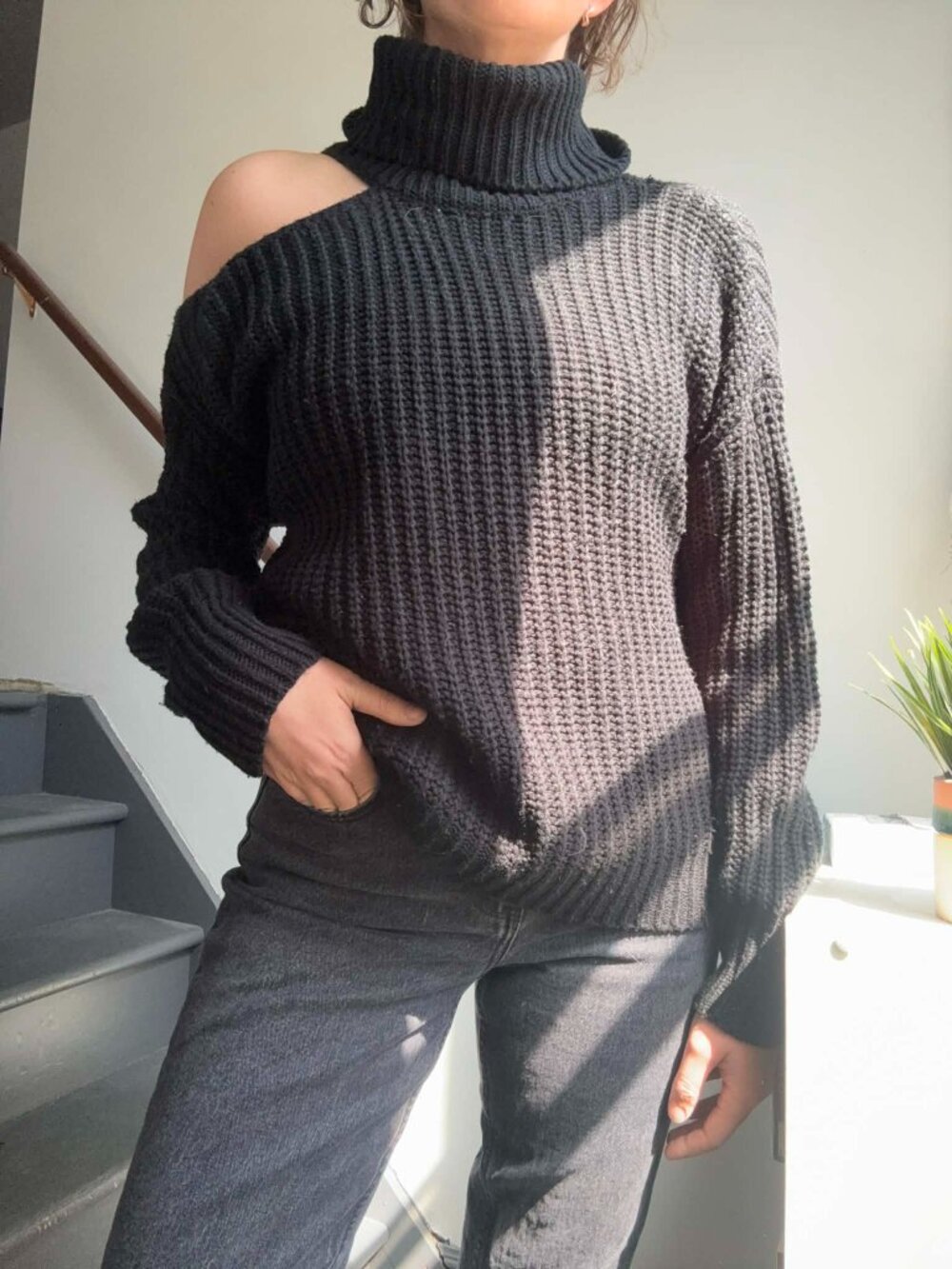 Black One-Shoulder Turtleneck Knit Sweater